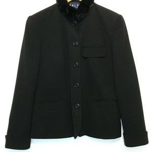 Ralph Lauren Faux Fur Neckline Black Wool Career Button Blazer